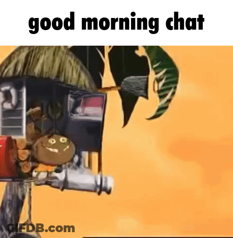 A Cartoon Character Is Standing In Front Of A Thatched Hut With The Words `` Good Morning Chat '' . GIF