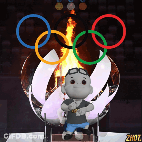 A Cartoon Character Is Standing In Front Of A Torch With The Olympic Rings Around It GIF