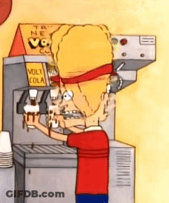 A Cartoon Character Is Standing In Front Of A Vending Machine That Says Volt Cola GIF