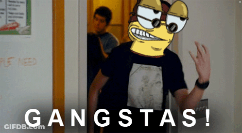 A Cartoon Character Is Standing In Front Of A Wall That Says Gangsta 'S On It GIF