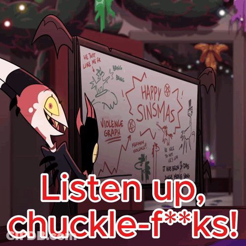 A Cartoon Character Is Standing In Front Of A Whiteboard That Says Happy Sinmas GIF