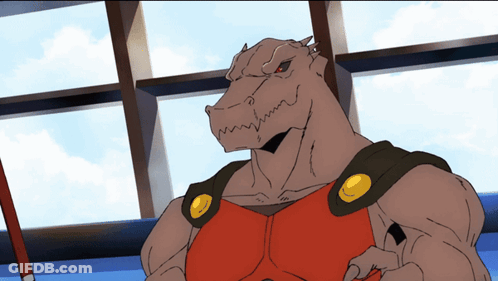 A Cartoon Character Is Standing In Front Of A Window And Has A Red Vest On GIF