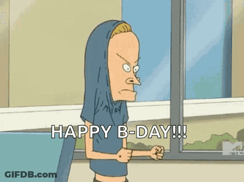 A Cartoon Character Is Standing In Front Of A Window And Says Happy B-Day !!! GIF