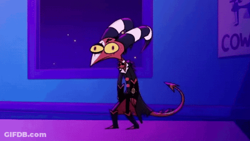 A Cartoon Character Is Standing In Front Of A Window In A Room With A Purple Background . GIF