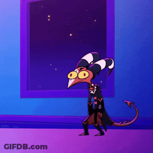 A Cartoon Character Is Standing In Front Of A Window With A Purple Background GIF