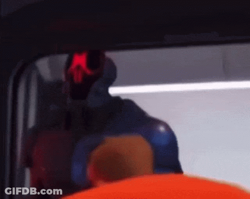 A Cartoon Character Is Standing In Front Of A Window With A Red Light On His Head . GIF