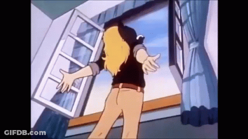 A Cartoon Character Is Standing In Front Of A Window With Her Arms Outstretched . GIF