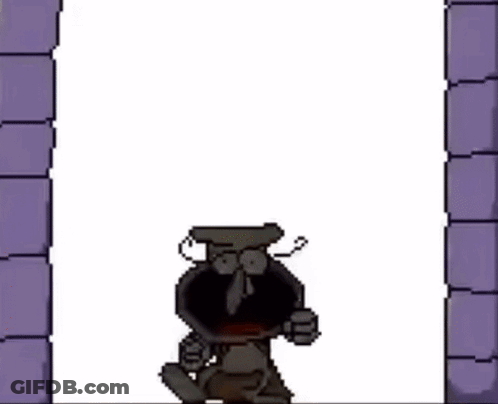 A Cartoon Character Is Standing In Front Of A Wooden Door . GIF