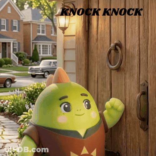 A Cartoon Character Is Standing In Front Of A Wooden Door That Says Knock Knock On It GIF