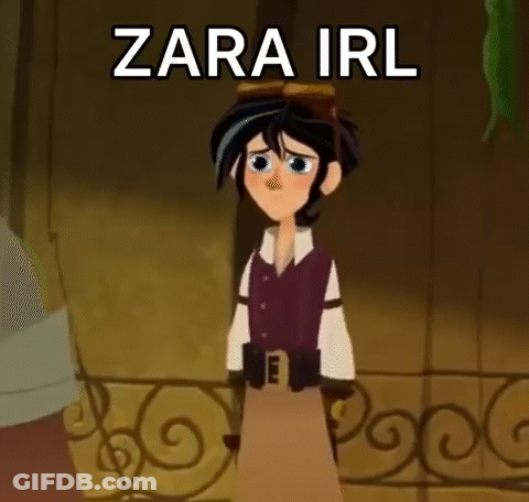 A Cartoon Character Is Standing In Front Of A Wrought Iron Railing And Says `` Zara Irl '' . GIF