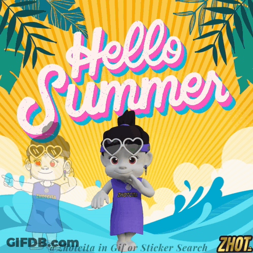 A Cartoon Character Is Standing In Front Of A Yellow Background That Says Hello Summer GIF