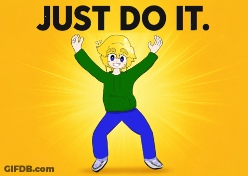 A Cartoon Character Is Standing In Front Of A Yellow Background With The Words Just Do It GIF