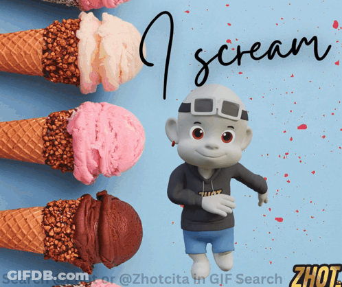 A Cartoon Character Is Standing In Front Of Ice Cream Cones With The Words " I Scream " Written On The Bottom GIF