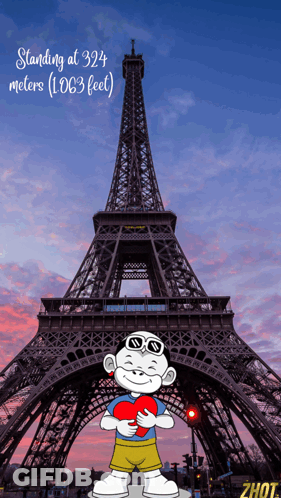 A Cartoon Character Is Standing In Front Of The Eiffel Tower Holding A Heart GIF