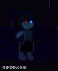 A Cartoon Character Is Standing In The Dark With Red Eyes And Glowing Eyes . GIF