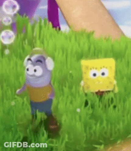 A Cartoon Character Is Standing In The Grass With A Spongebob Squarepants Character . GIF
