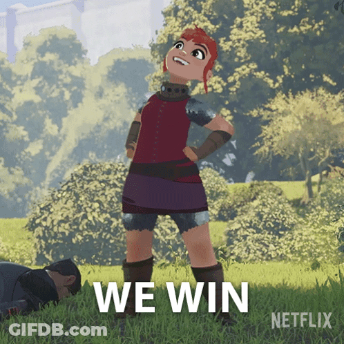 A Cartoon Character Is Standing In The Grass With The Words We Win Written On The Bottom GIF