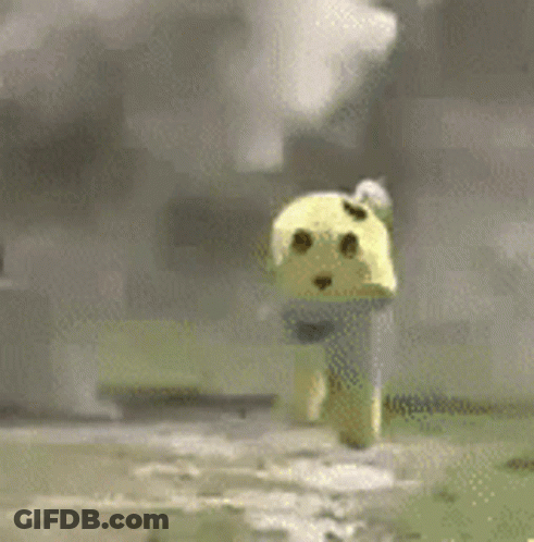 A Cartoon Character Is Standing In The Middle Of A Field With Smoke Coming Out Of It . GIF