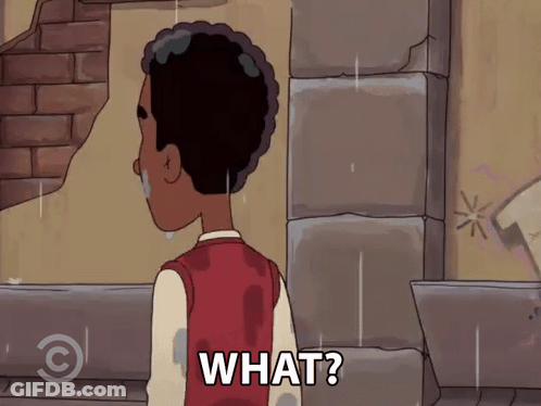 A Cartoon Character Is Standing In The Rain And Says " What " GIF