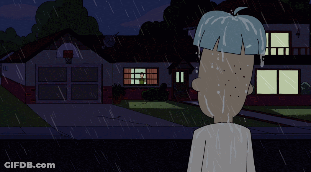 A Cartoon Character Is Standing In The Rain In Front Of A House With A Basketball Hoop GIF