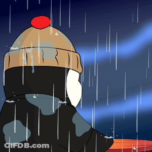 A Cartoon Character Is Standing In The Rain Wearing A Hat With A Red Pom Pom GIF