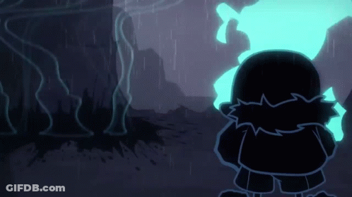 A Cartoon Character Is Standing In The Rain With A Blue Light Behind Him . GIF