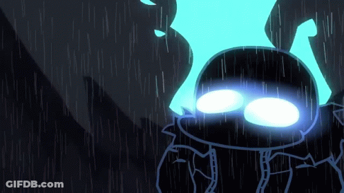 A Cartoon Character Is Standing In The Rain With Blue Eyes GIF