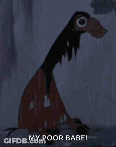A Cartoon Character Is Standing In The Rain With The Words `` My Poor Babe '' Written On The Bottom . GIF