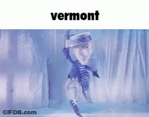 A Cartoon Character Is Standing In The Snow With The Word Vermont On The Bottom Of The Image . GIF