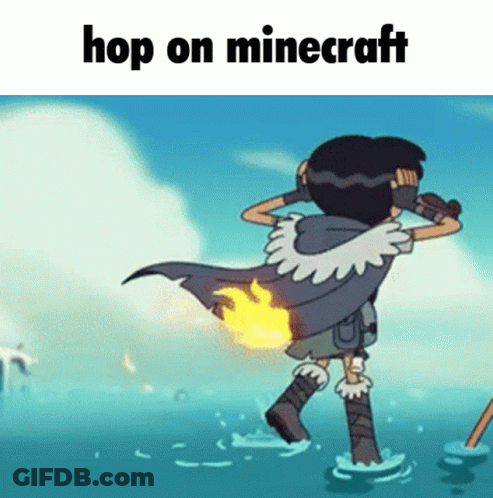 A Cartoon Character Is Standing In The Water With A Fire Coming Out Of His Back And The Words Hop On Minecraft Above Him GIF