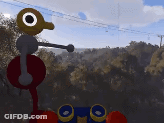 A Cartoon Character Is Standing In The Woods With A Remote Control GIF