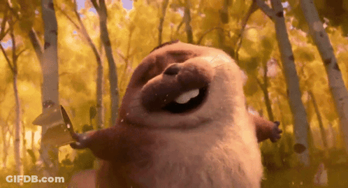 A Cartoon Character Is Standing In The Woods With Its Mouth Open GIF