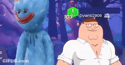 A Cartoon Character Is Standing Next To A Blue Stuffed Animal In A Video Game . GIF