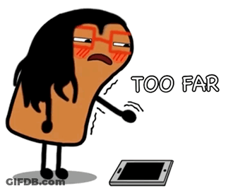 A Cartoon Character Is Standing Next To A Cell Phone And Says Too Far GIF