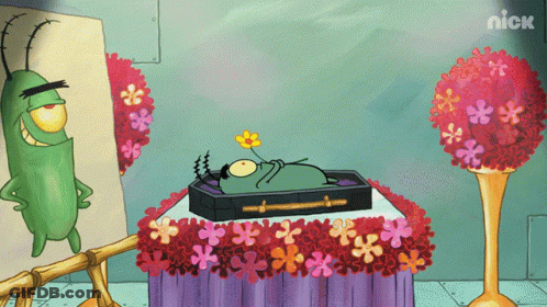 A Cartoon Character Is Standing Next To A Coffin With Flowers On It And A Nick Logo On The Bottom GIF