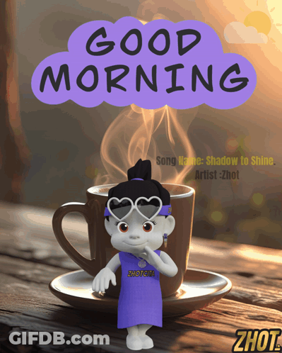A Cartoon Character Is Standing Next To A Cup Of Coffee With The Words Good Morning Above It GIF