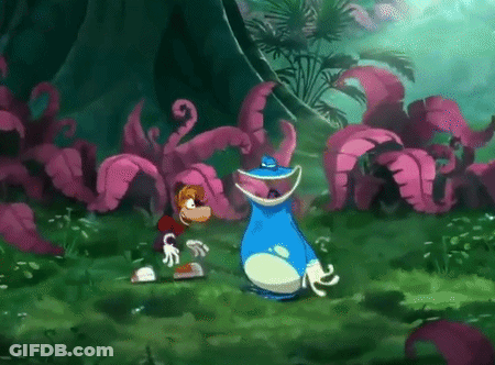 A Cartoon Character Is Standing Next To A Frog In A Jungle . GIF