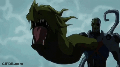 A Cartoon Character Is Standing Next To A Giant Monster With Its Mouth Open . GIF