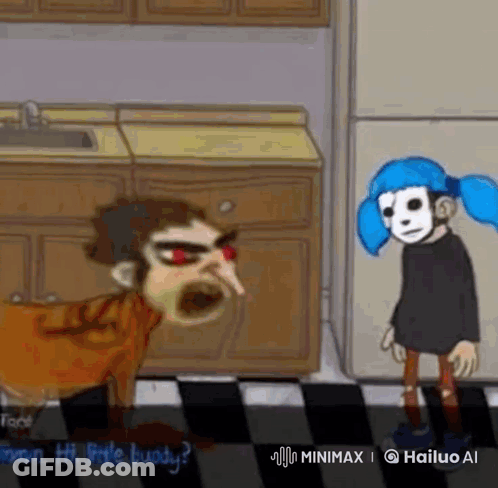 Cartoon Character Next To Girl With Mask GIF