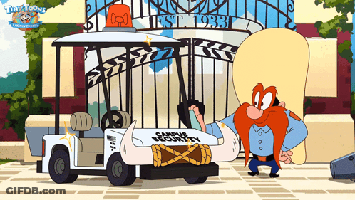 A Cartoon Character Is Standing Next To A Golf Cart Which Says Campus Security GIF