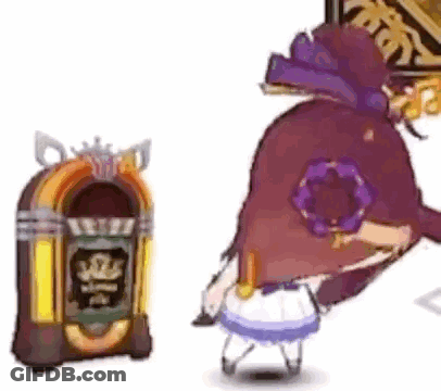A Cartoon Character Is Standing Next To A Jukebox And A Purple Bag . GIF