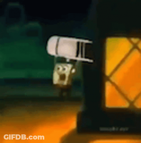 A Cartoon Character Is Standing Next To A Lantern In A Room . GIF