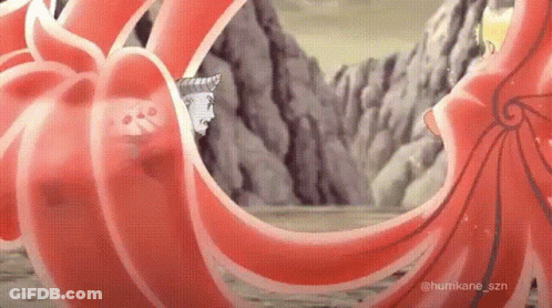 A Cartoon Character Is Standing Next To A Large Red Squid . GIF