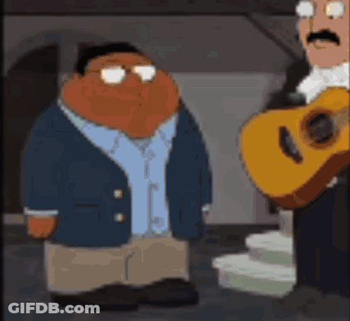 A Cartoon Character Is Standing Next To A Man Holding A Guitar . GIF