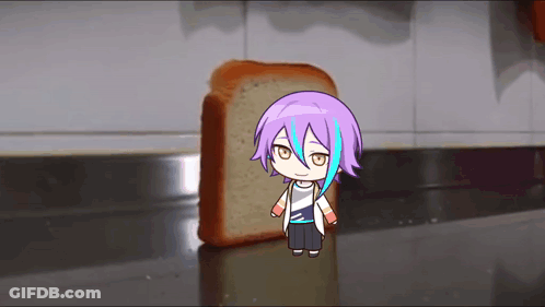 A Cartoon Character Is Standing Next To A Piece Of Bread On A Counter . GIF