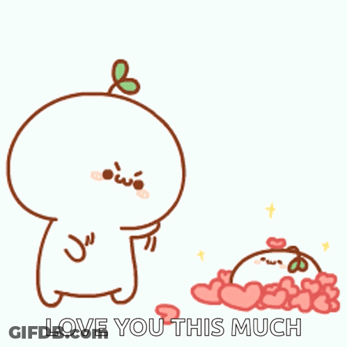 A Cartoon Character Is Standing Next To A Pile Of Hearts And Says Love You This Much . GIF