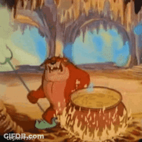 A Cartoon Character Is Standing Next To A Pot Of Fire GIF