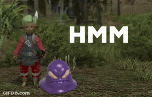 A Cartoon Character Is Standing Next To A Purple Monster That Says Hmm On The Bottom GIF