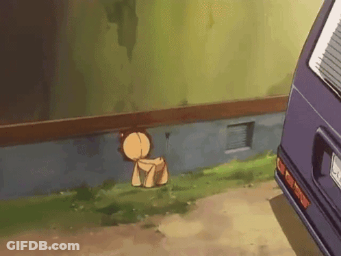 A Cartoon Character Is Standing Next To A Purple Van In A Yard GIF