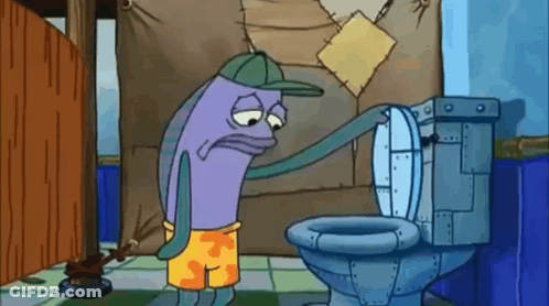 A Cartoon Character Is Standing Next To A Toilet With The Lid Up . GIF